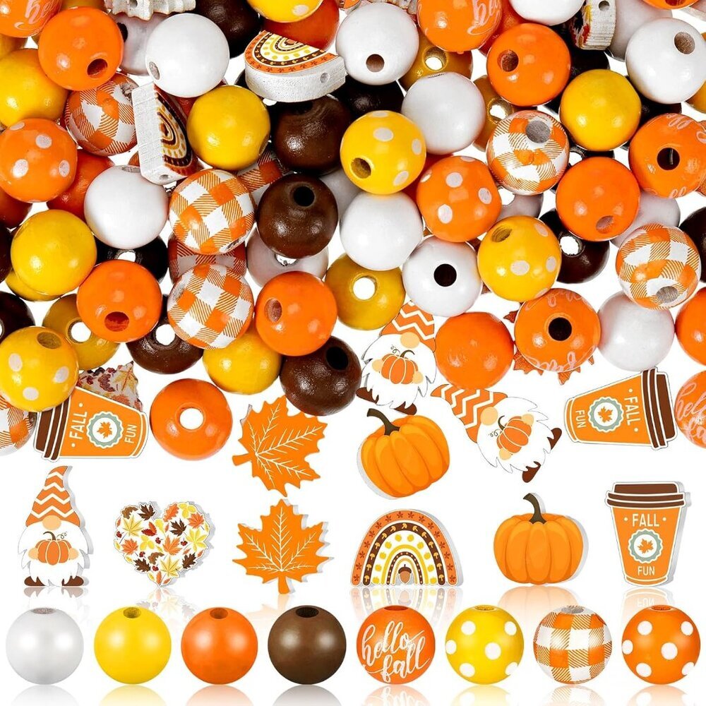 200 Pieces Fall Thanksgiving Wooden Beads Pumpkin Maple Leaf Colorful Round Loos